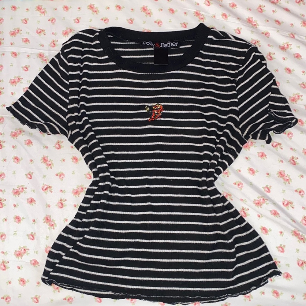 Polly & Esther Black And White Striped Top W/ Dragon